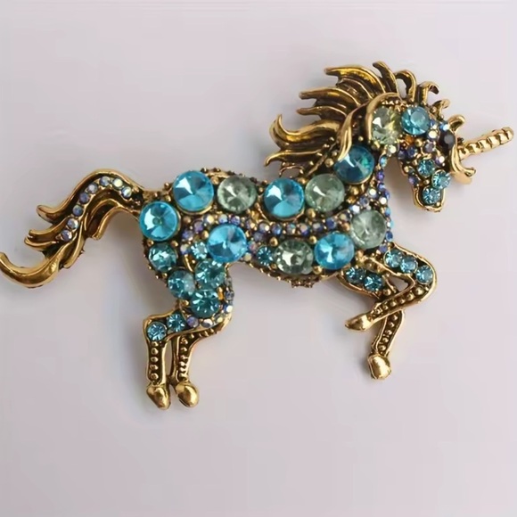 Betsey Johnson Gold Blue Unicorn Crystal Brooch - Picture 6 of 7